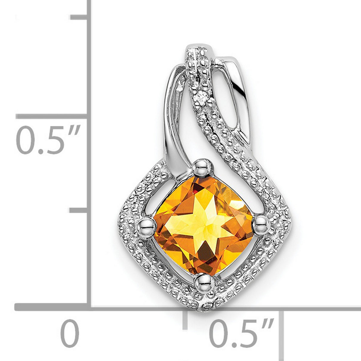 14k White Gold Pendant with Cushion Cut Citrine and Diamond Accents, Swirling Openwork Design