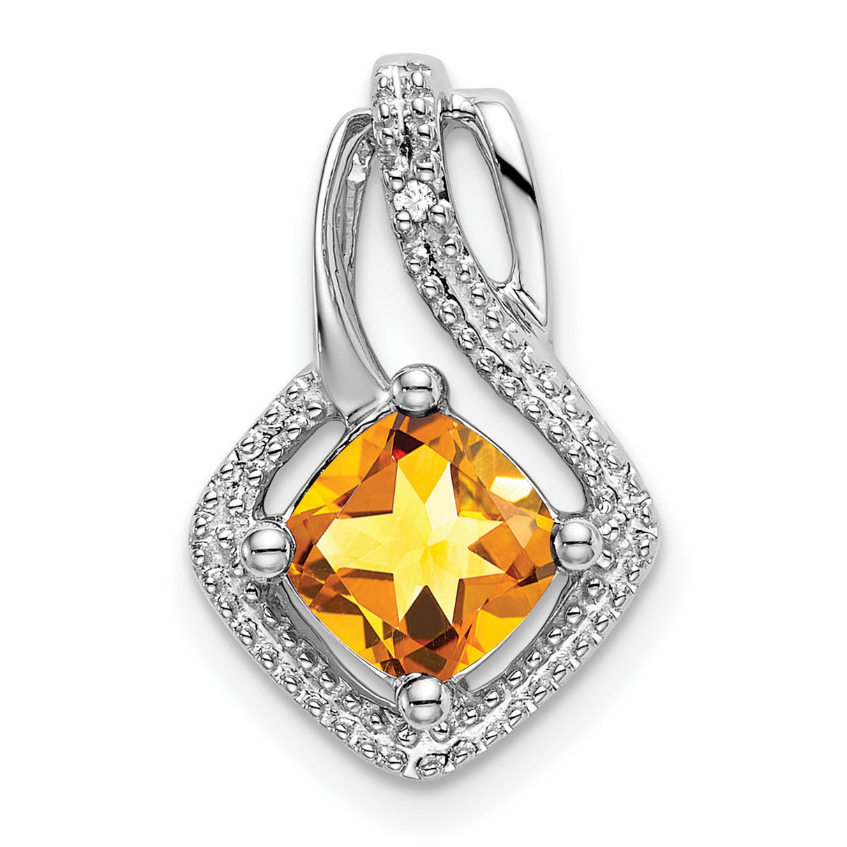 14k White Gold Pendant with Cushion Cut Citrine and Diamond Accents, Swirling Openwork Design