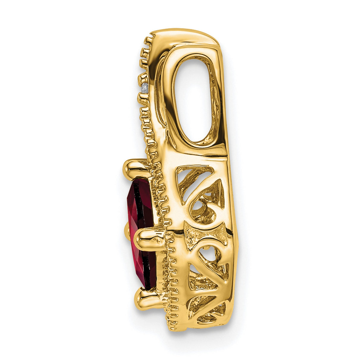 14k Yellow Gold Pendant with Garnet, Cushion Cut, Textured Frame and Diamond Accent
