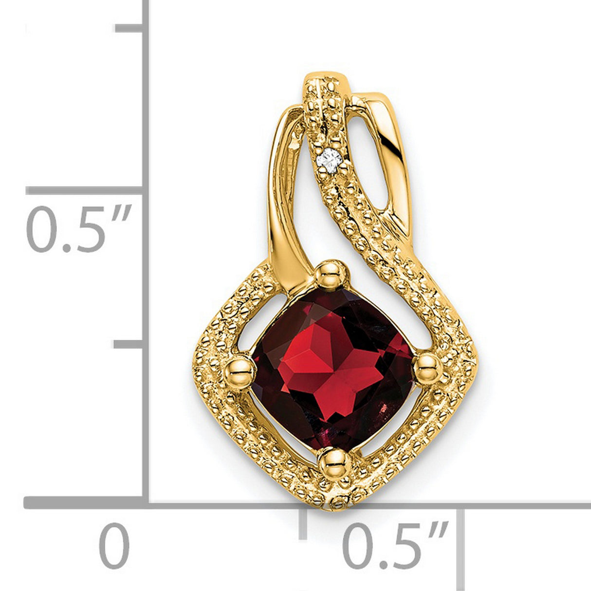 14k Yellow Gold Pendant with Garnet, Cushion Cut, Textured Frame and Diamond Accent