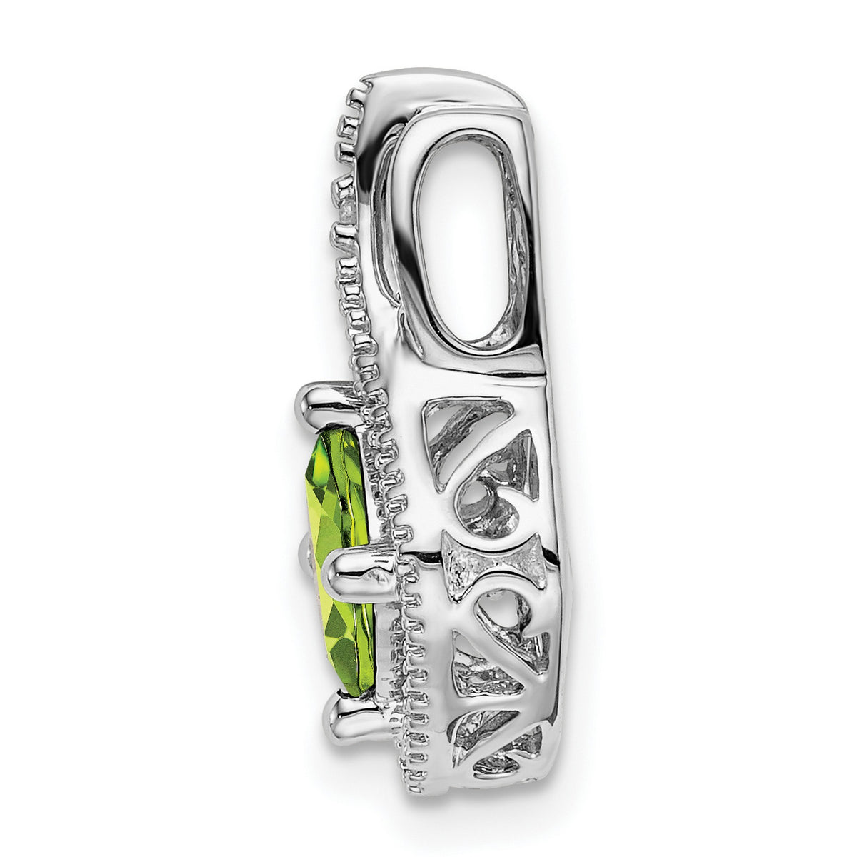 14k White Gold Pendant with Cushion Cut Peridot and Diamond Accents, Open Swirl Design