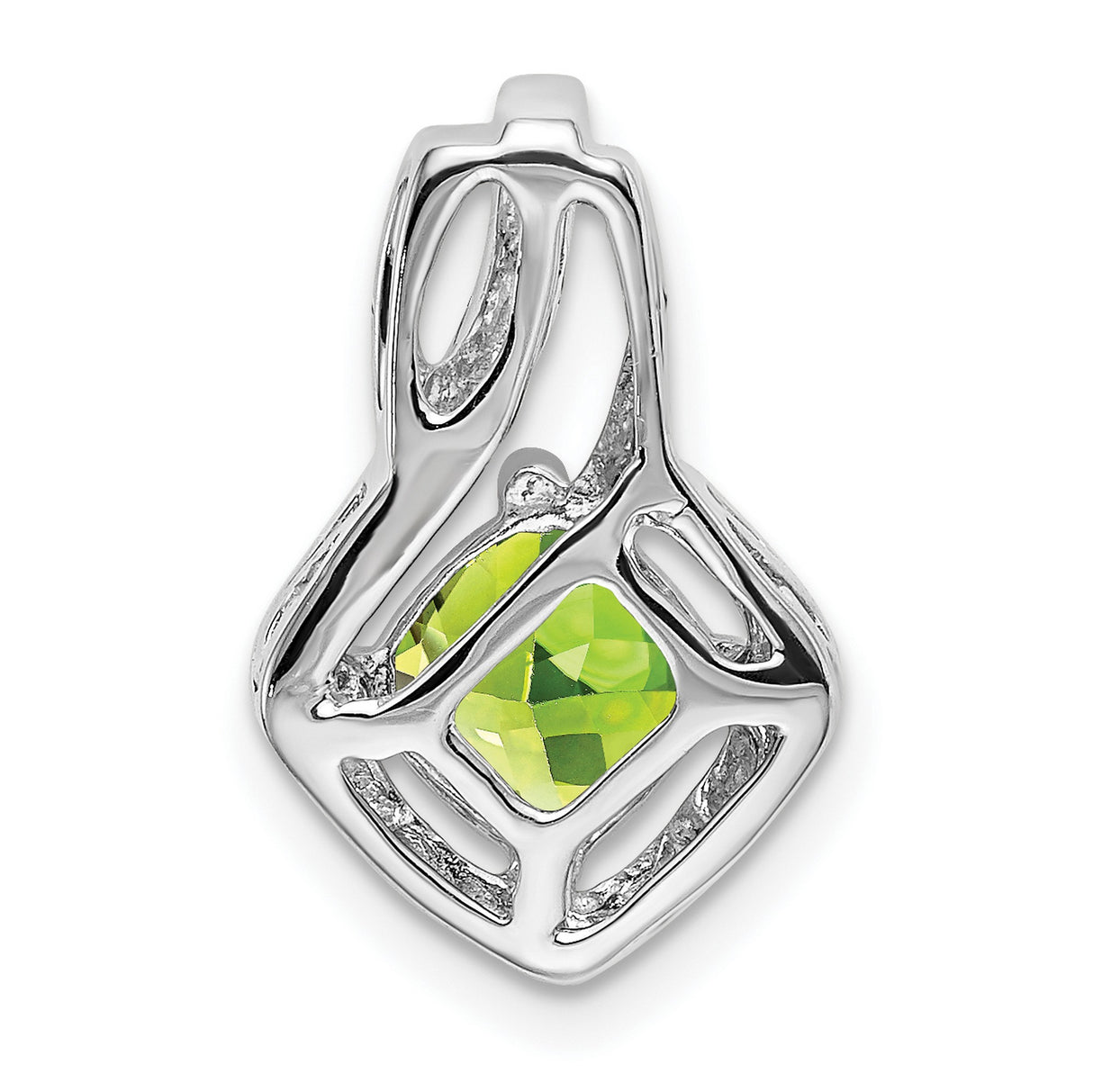 14k White Gold Pendant with Cushion Cut Peridot and Diamond Accents, Open Swirl Design