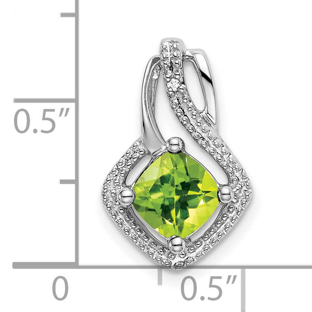 14k White Gold Pendant with Cushion Cut Peridot and Diamond Accents, Open Swirl Design