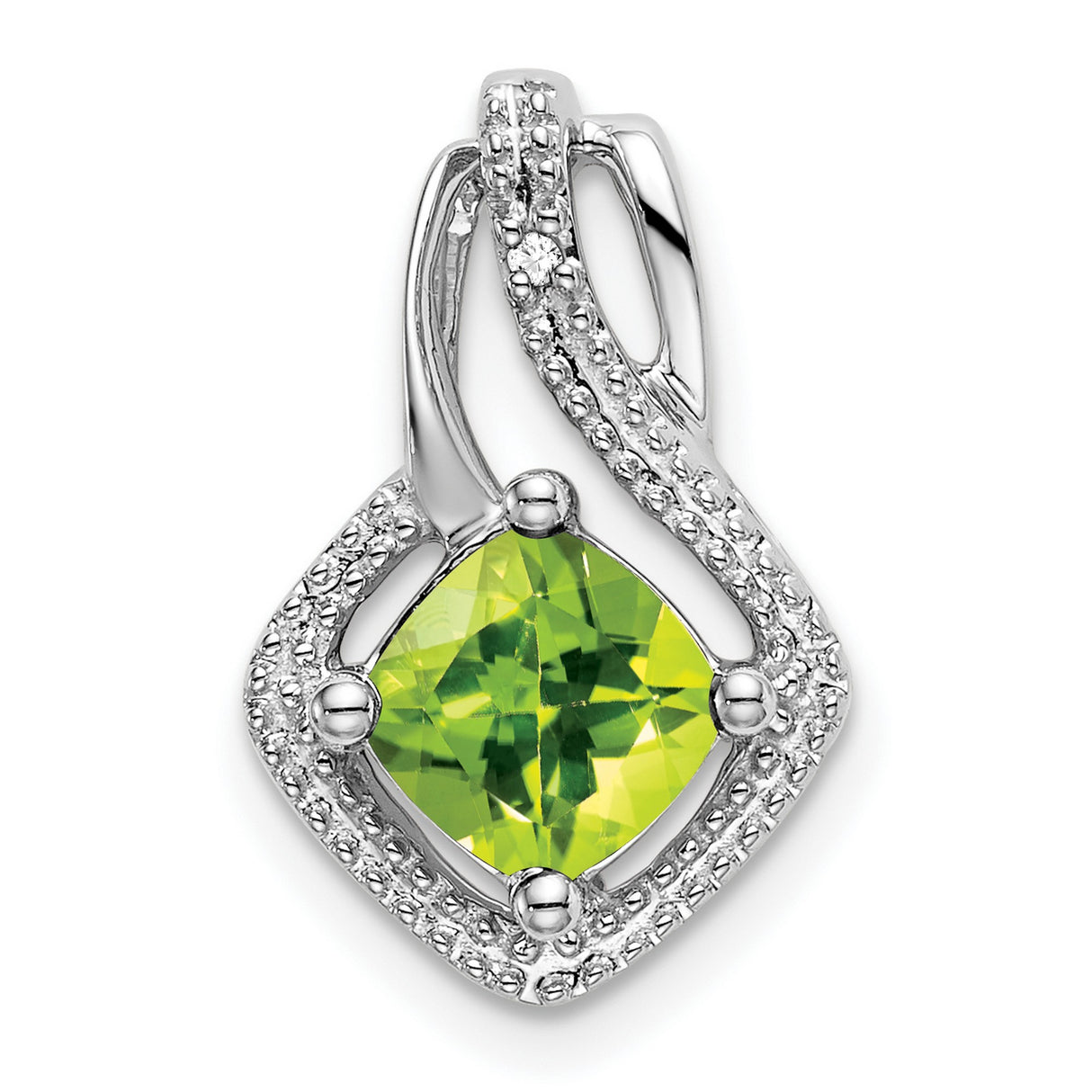 14k White Gold Pendant with Cushion Cut Peridot and Diamond Accents, Open Swirl Design