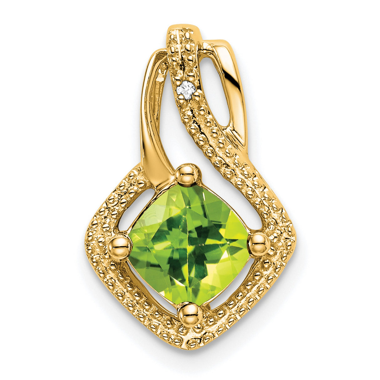 14k Yellow Gold Pendant with Cushion Cut Peridot and Diamond Accent, Open Swirl Design