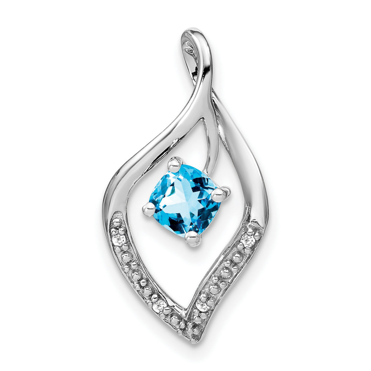 14k White Gold Pendant with Cushion Cut Swiss Blue Topaz and Diamond Accents, Teardrop Design