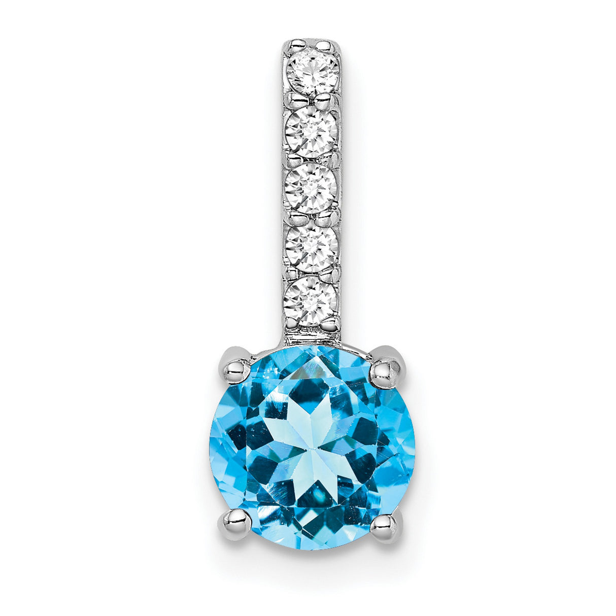 14k White Gold Pendant with Round Swiss Blue Topaz and Vertical Diamond Accents