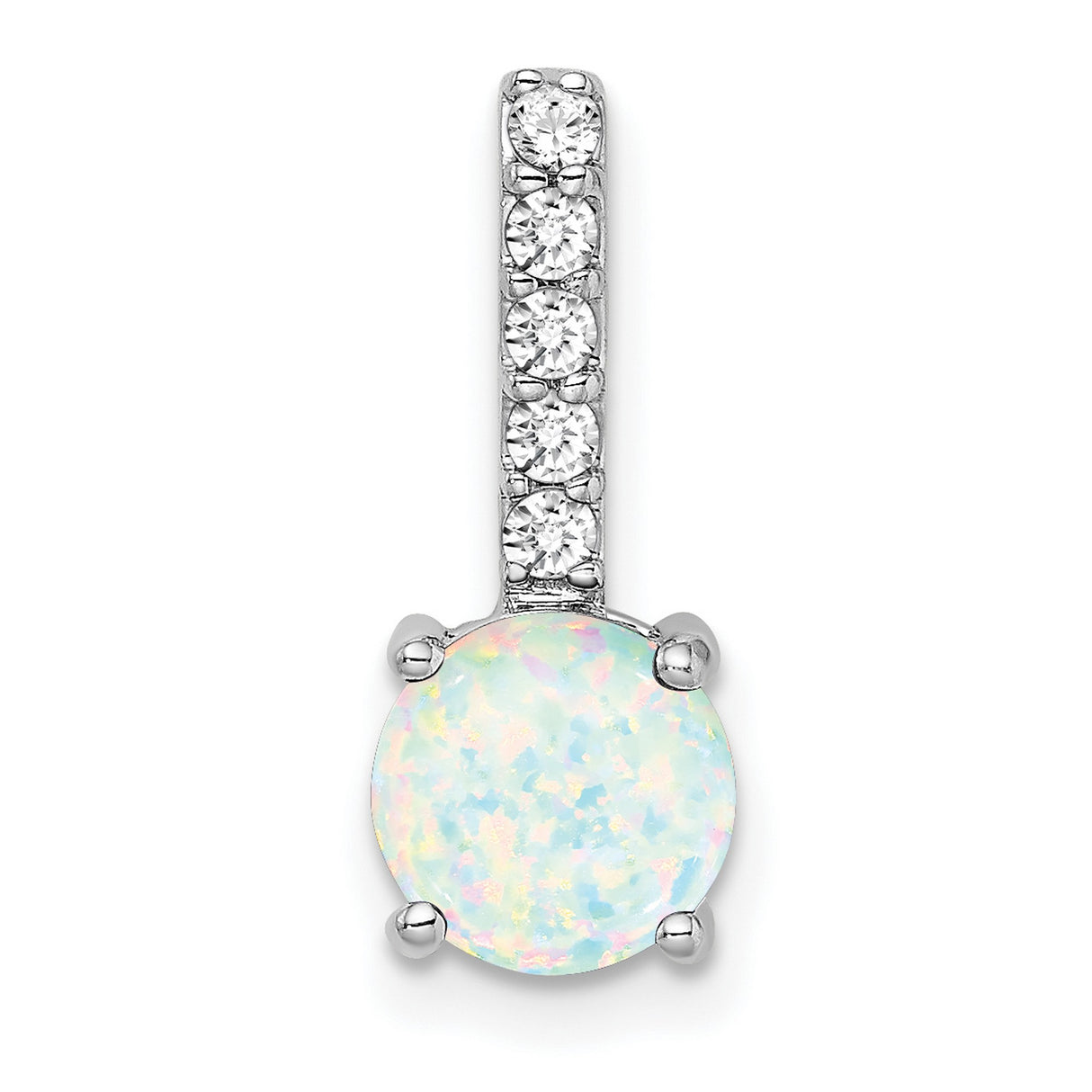 14k White Gold Pendant with Opal and Diamond, Vertical Design, October Birthstone Jewelry