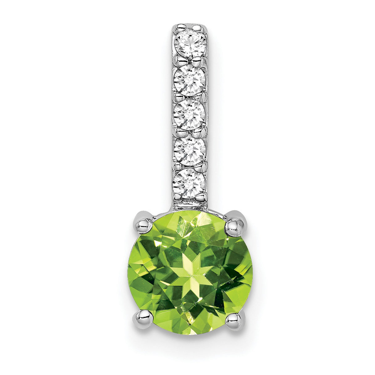 14k White Gold Pendant with Round Peridot and Vertical Diamond Accent, Modern Birthstone Jewelry
