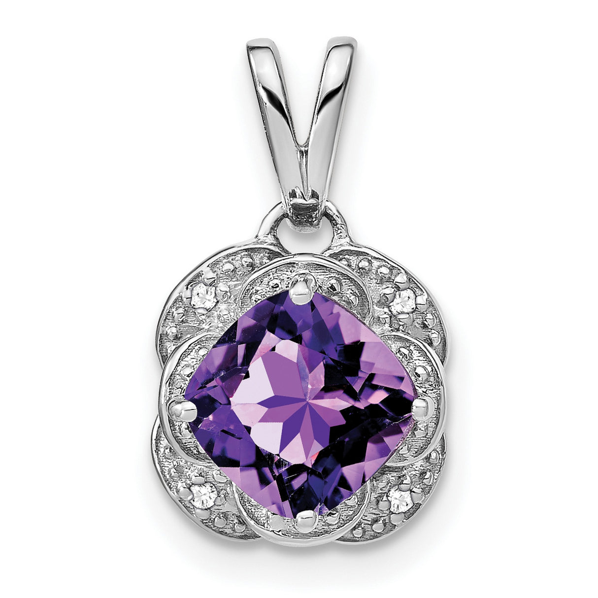 14k White Gold Amethyst Pendant with Diamond Accents in Floral Setting