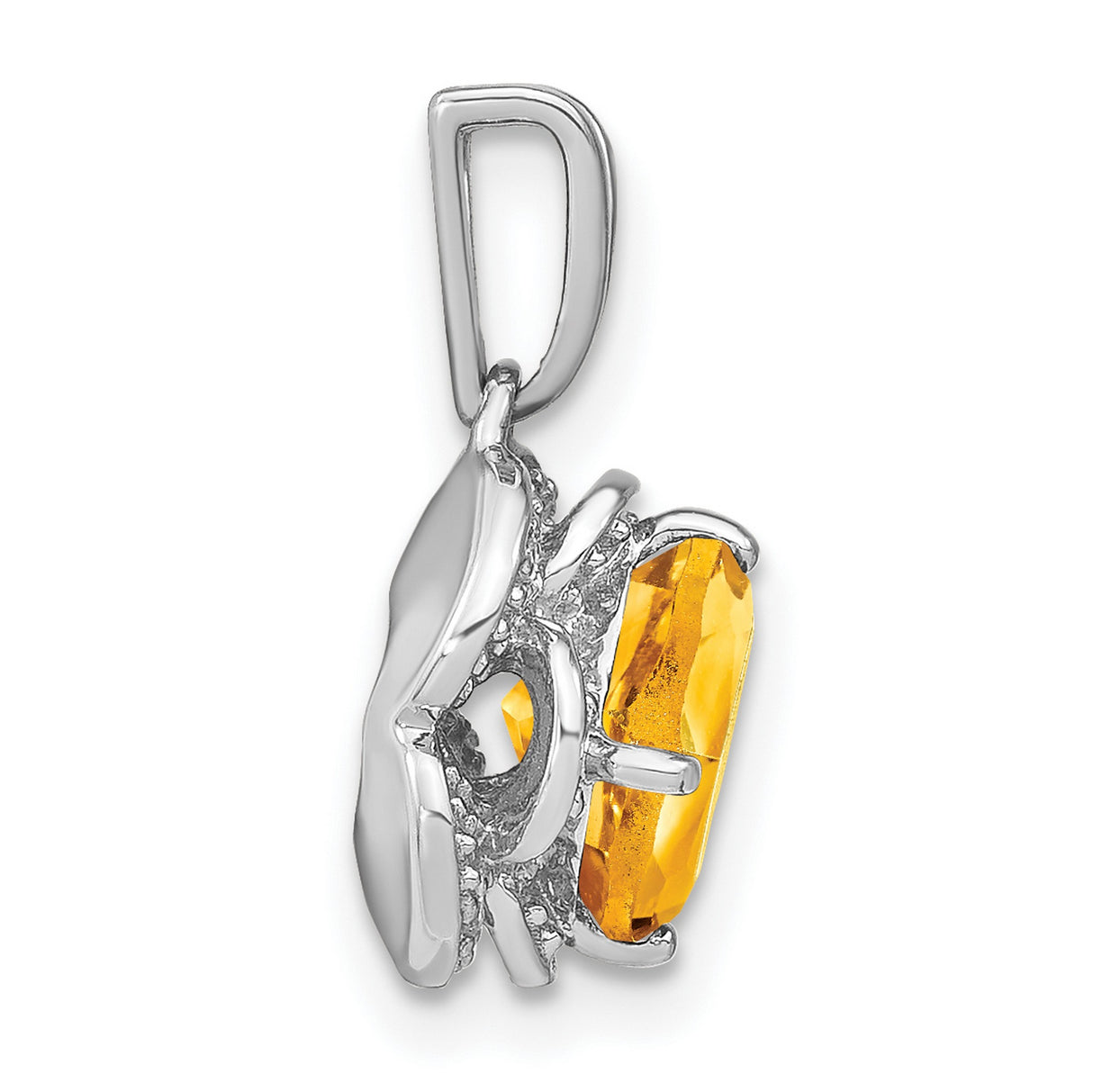 14k White Gold Pendant with Cushion Cut Citrine, Diamond Accents, Floral Design