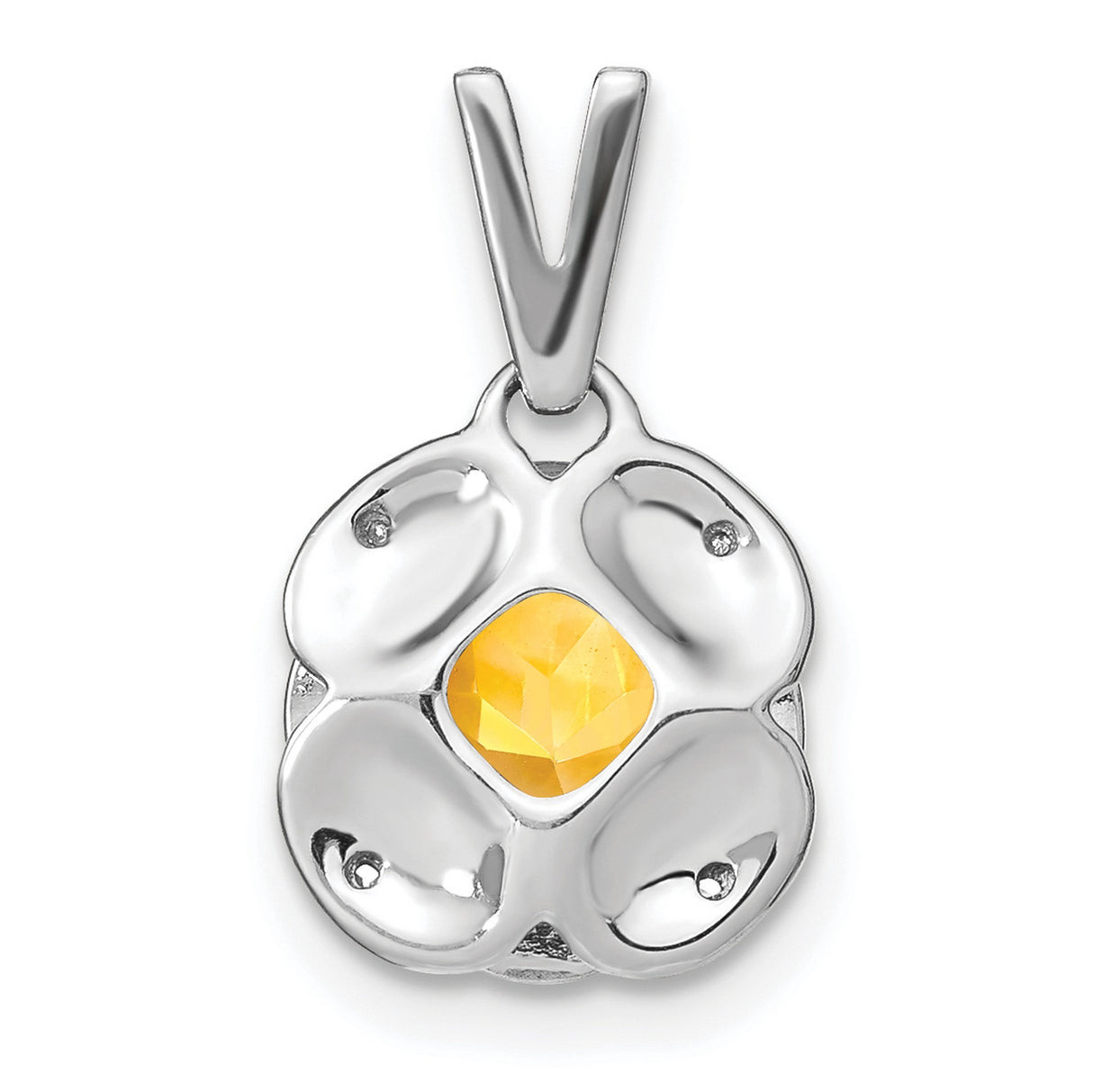 14k White Gold Pendant with Cushion Cut Citrine, Diamond Accents, Floral Design