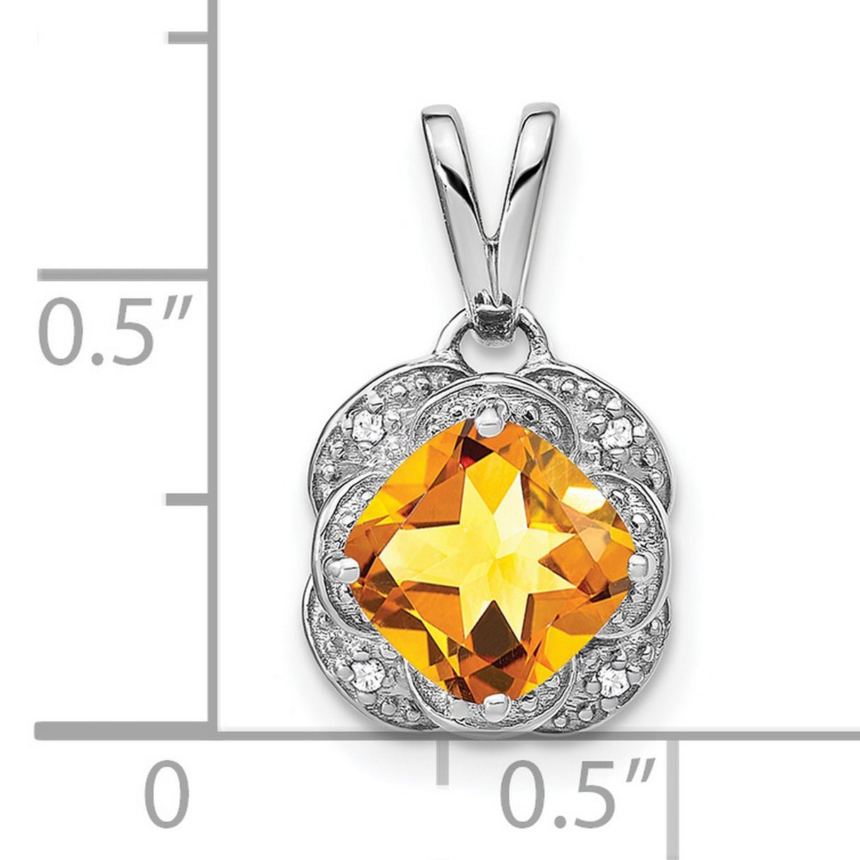14k White Gold Pendant with Cushion Cut Citrine, Diamond Accents, Floral Design