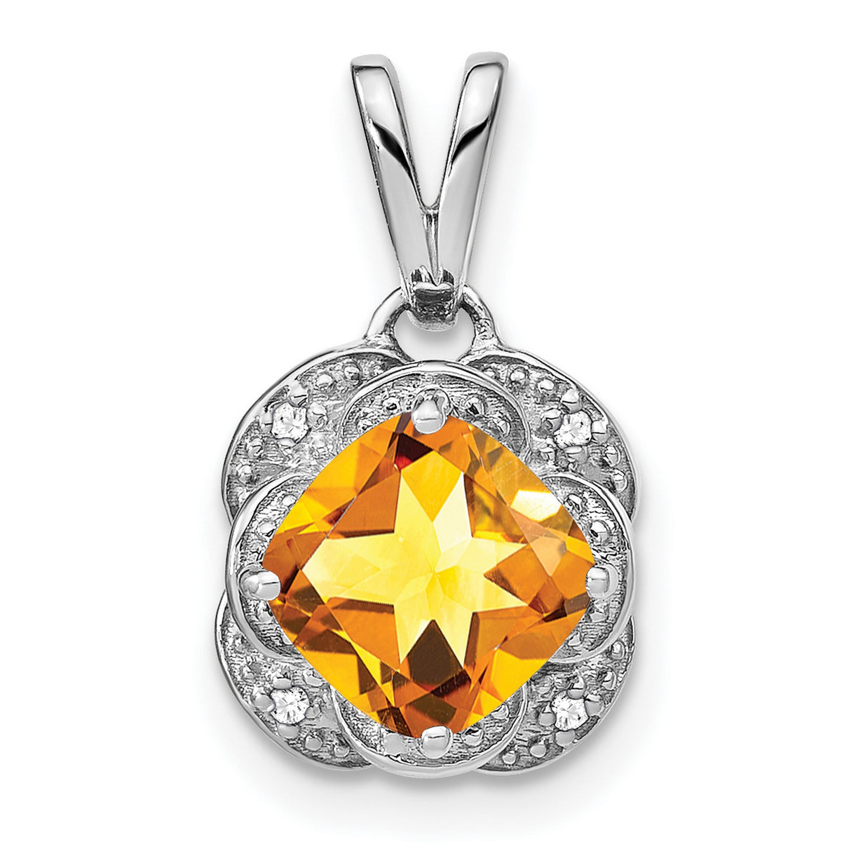 14k White Gold Pendant with Cushion Cut Citrine, Diamond Accents, Floral Design