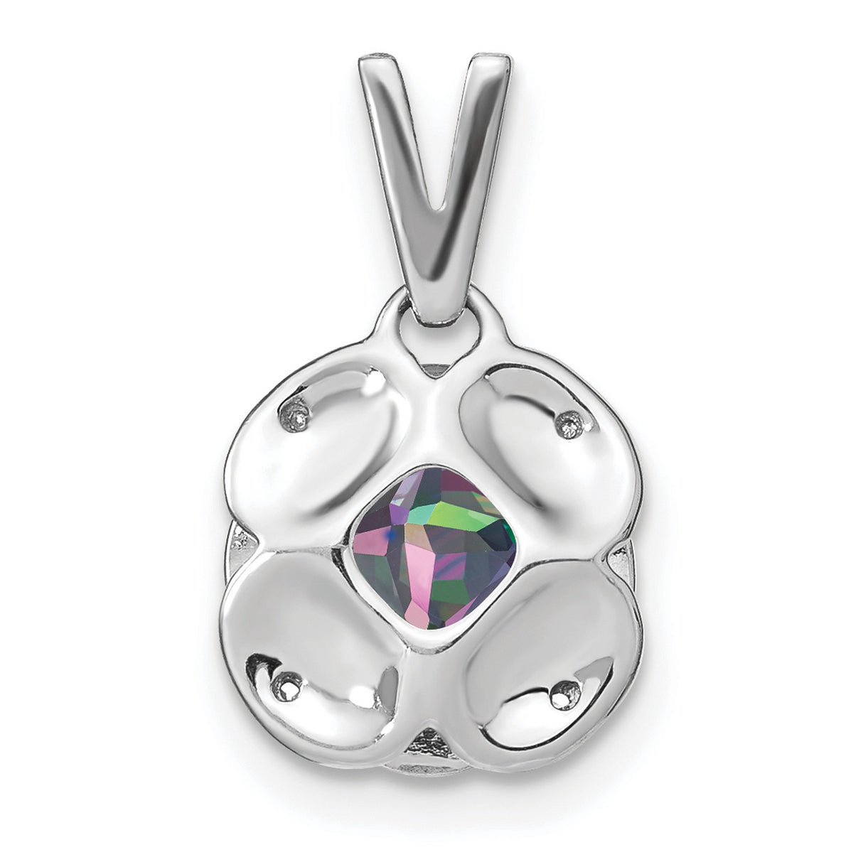 14k White Gold Pendant with Cushion Cut Mystic Topaz and Diamond Accents in Floral Halo Setting
