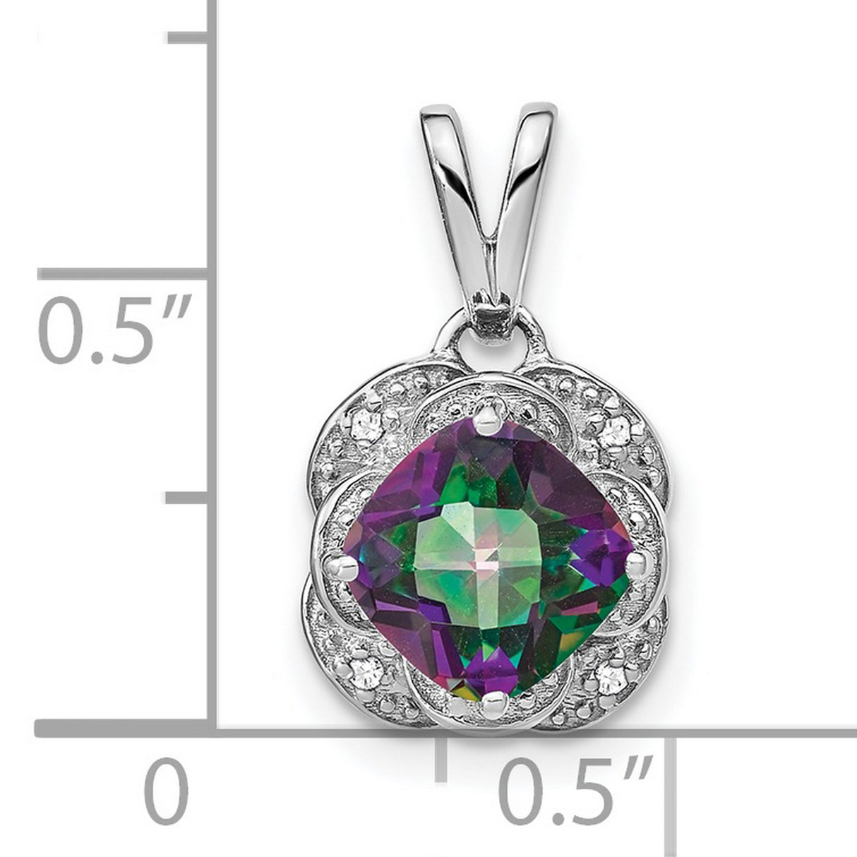 14k White Gold Pendant with Cushion Cut Mystic Topaz and Diamond Accents in Floral Halo Setting