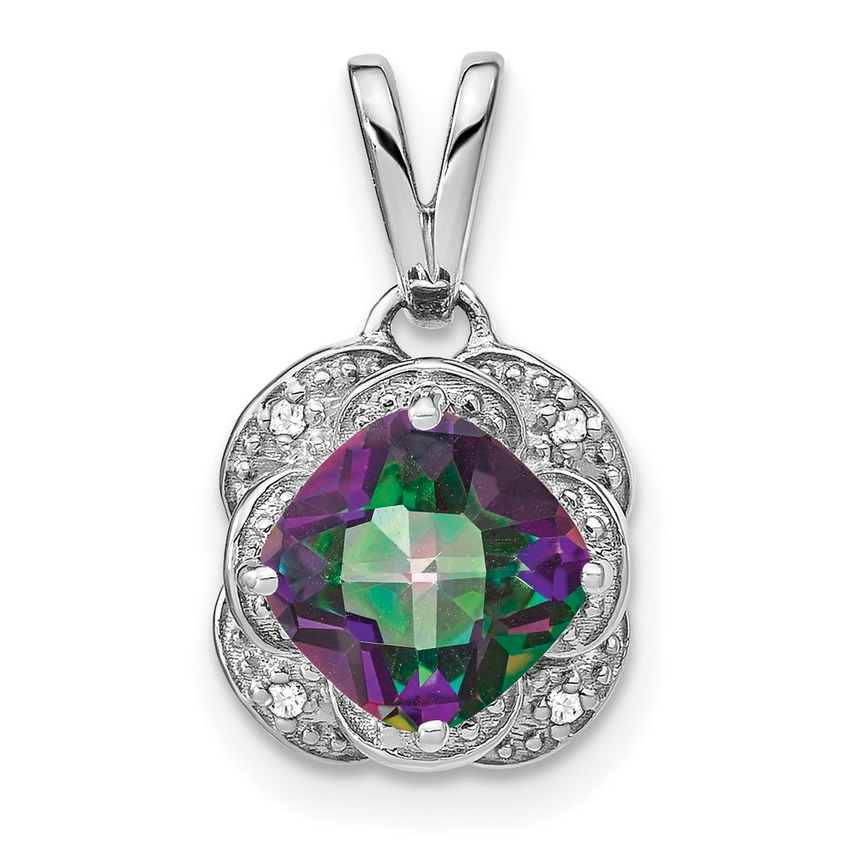 14k White Gold Pendant with Cushion Cut Mystic Topaz and Diamond Accents in Floral Halo Setting