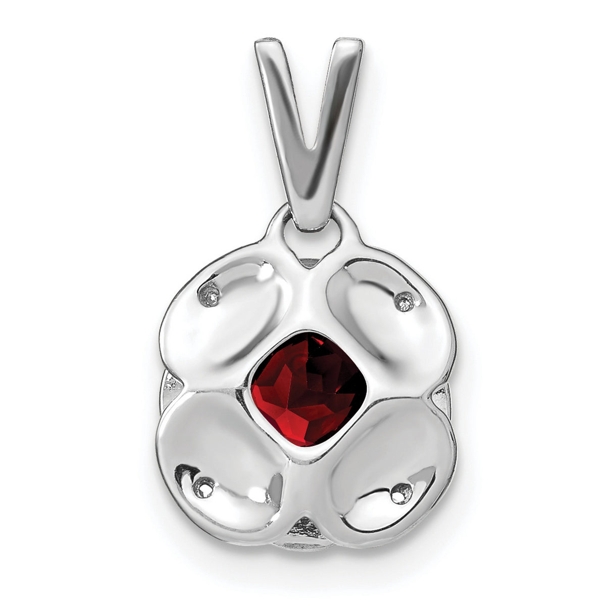 14k White Gold Pendant with Cushion Cut Garnet and Diamond Accents, Floral Scalloped Design