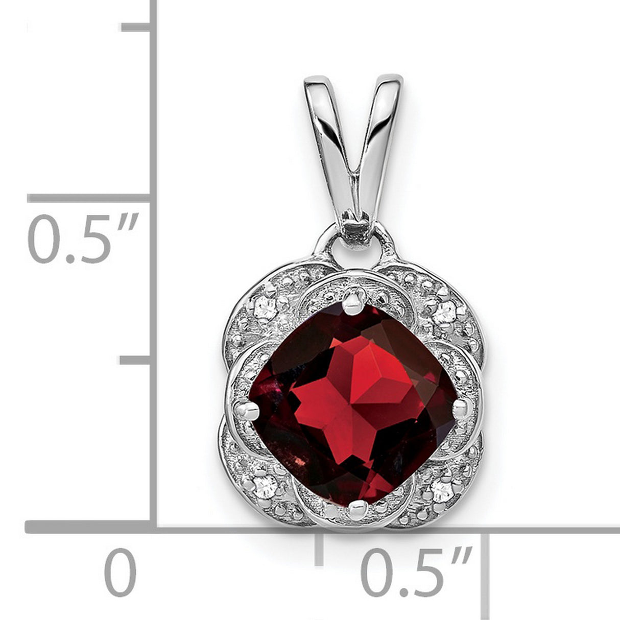14k White Gold Pendant with Cushion Cut Garnet and Diamond Accents, Floral Scalloped Design