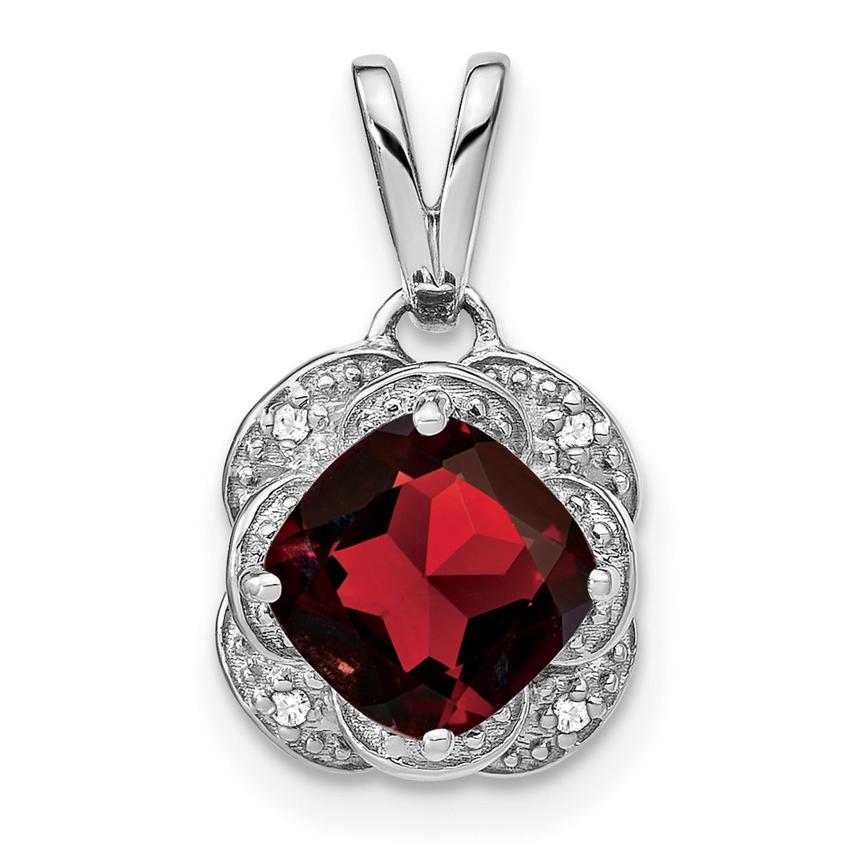 14k White Gold Pendant with Cushion Cut Garnet and Diamond Accents, Floral Scalloped Design