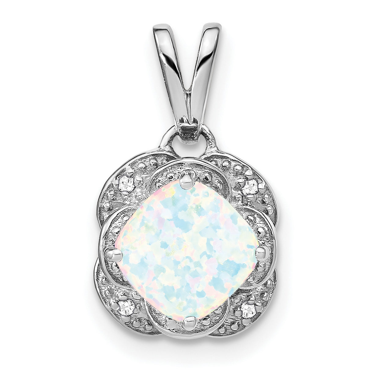 14k White Gold Opal Pendant with Diamond Accents, Cushion Cut Halo Floral Design