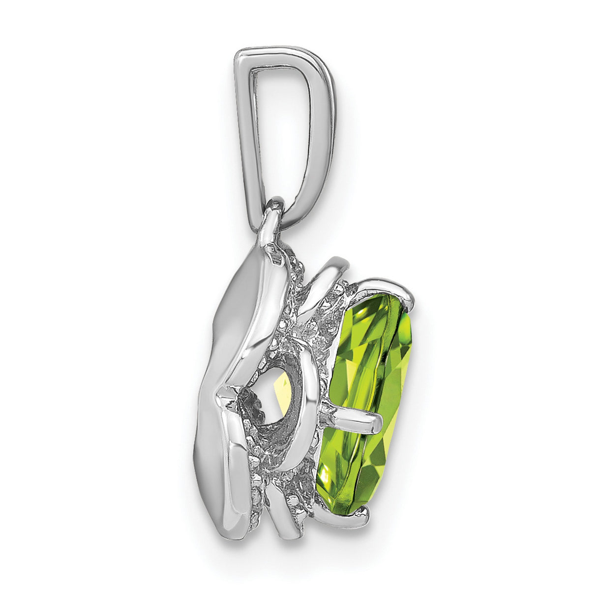 14k White Gold Pendant with Cushion Cut Peridot and Diamond Halo, Floral Inspired Design