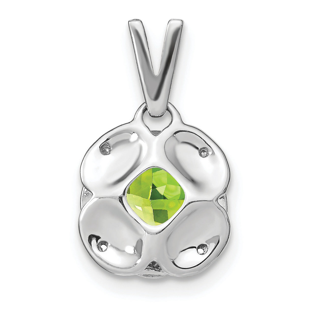 14k White Gold Pendant with Cushion Cut Peridot and Diamond Halo, Floral Inspired Design