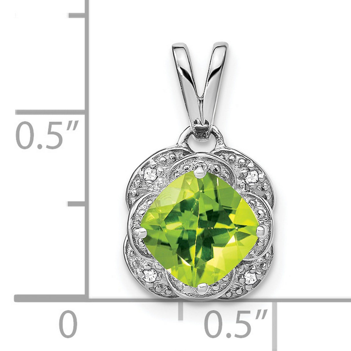 14k White Gold Pendant with Cushion Cut Peridot and Diamond Halo, Floral Inspired Design