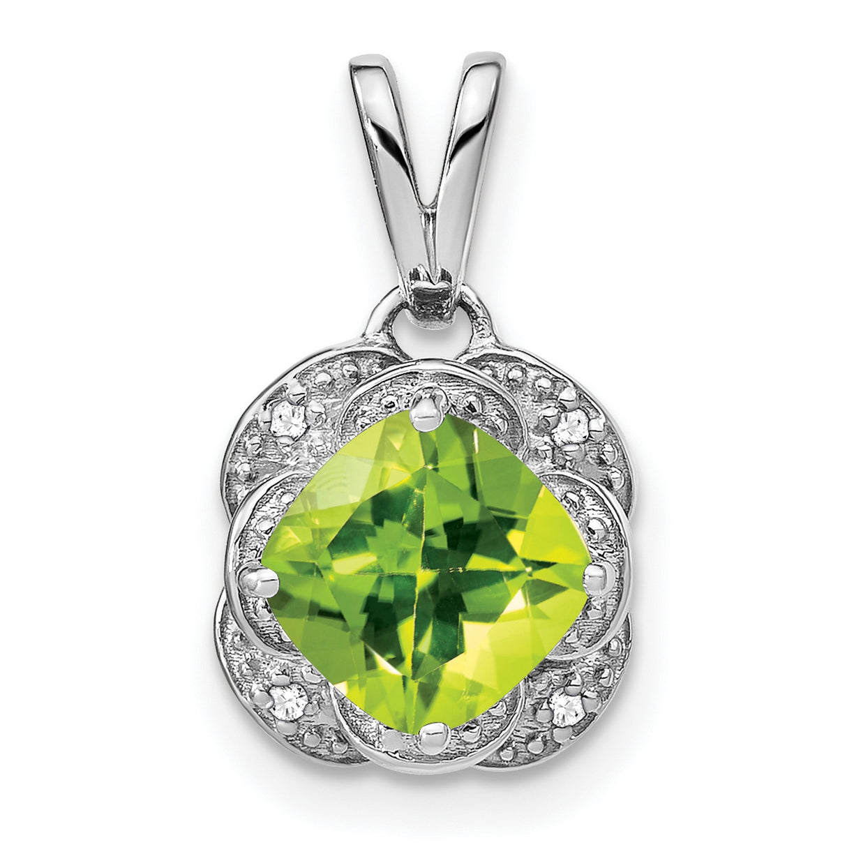 14k White Gold Pendant with Cushion Cut Peridot and Diamond Halo, Floral Inspired Design