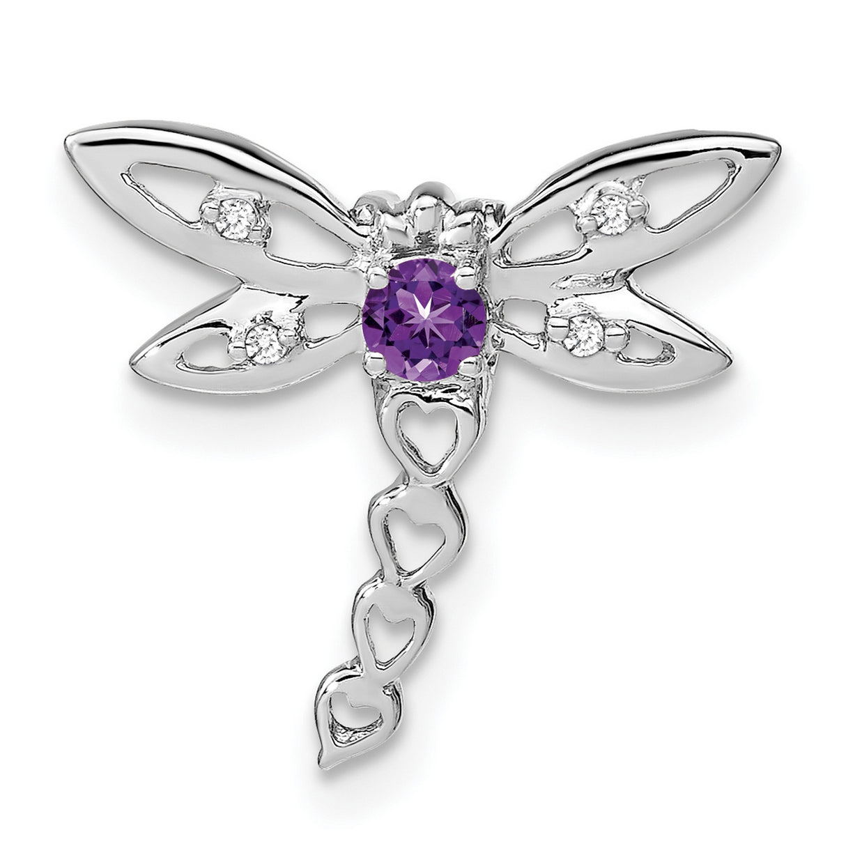 14k White Gold Dragonfly Pendant with Amethyst Center and Diamond Accents