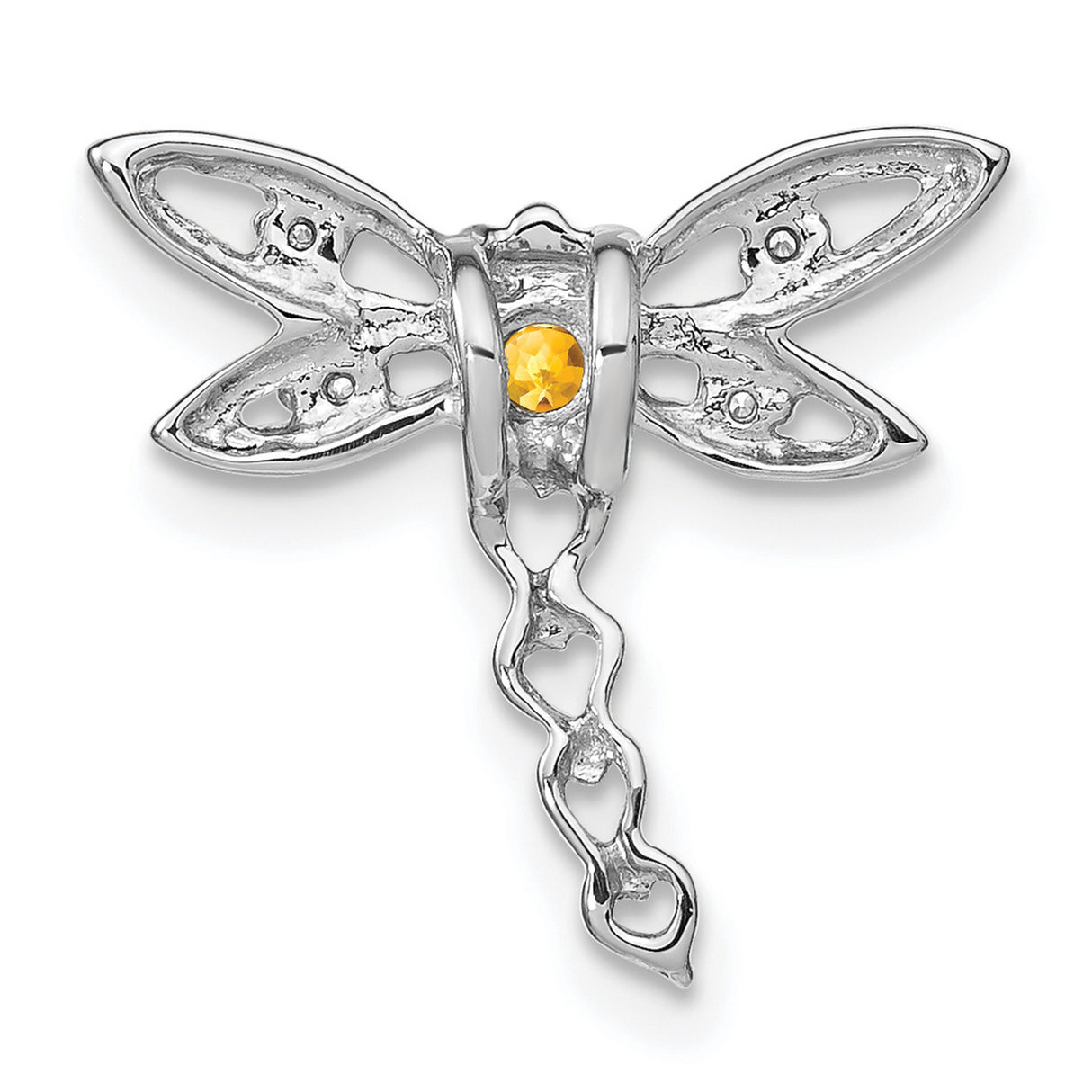 14k White Gold Dragonfly Pendant with Citrine and Diamond Accents, Heart Tail Design