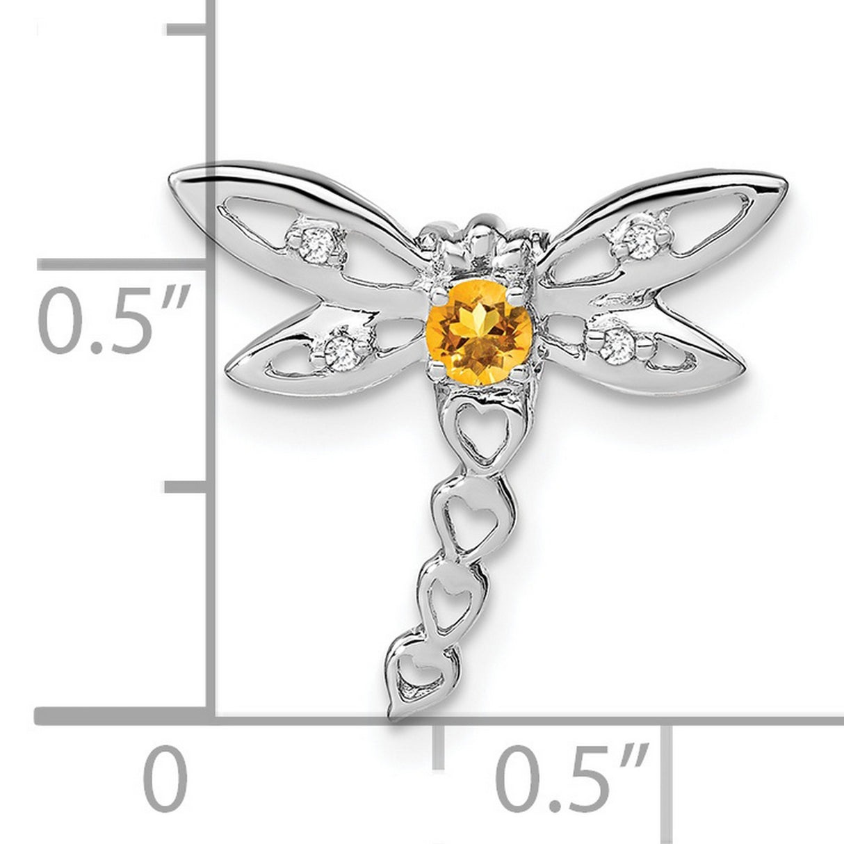 14k White Gold Dragonfly Pendant with Citrine and Diamond Accents, Heart Tail Design