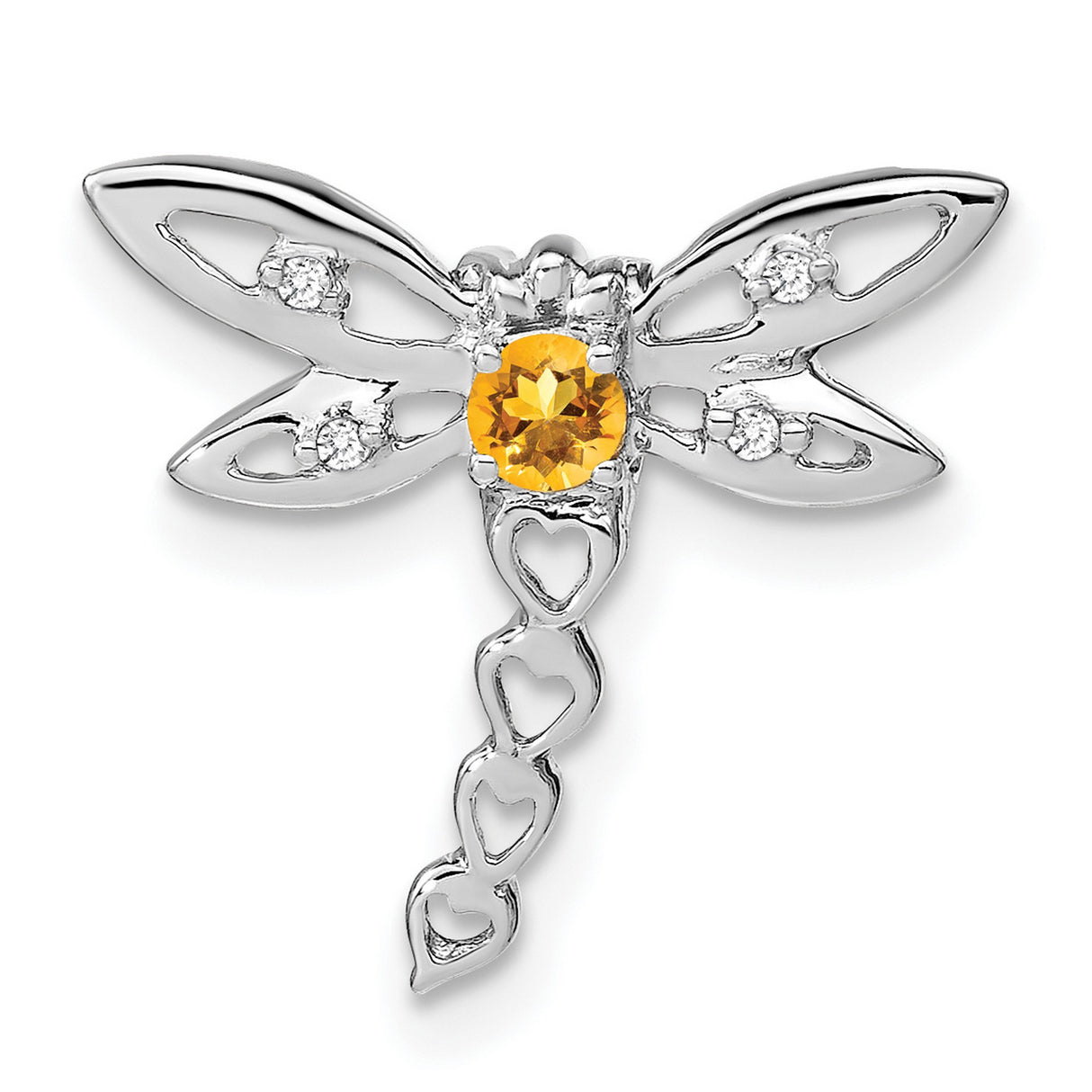 14k White Gold Dragonfly Pendant with Citrine and Diamond Accents, Heart Tail Design