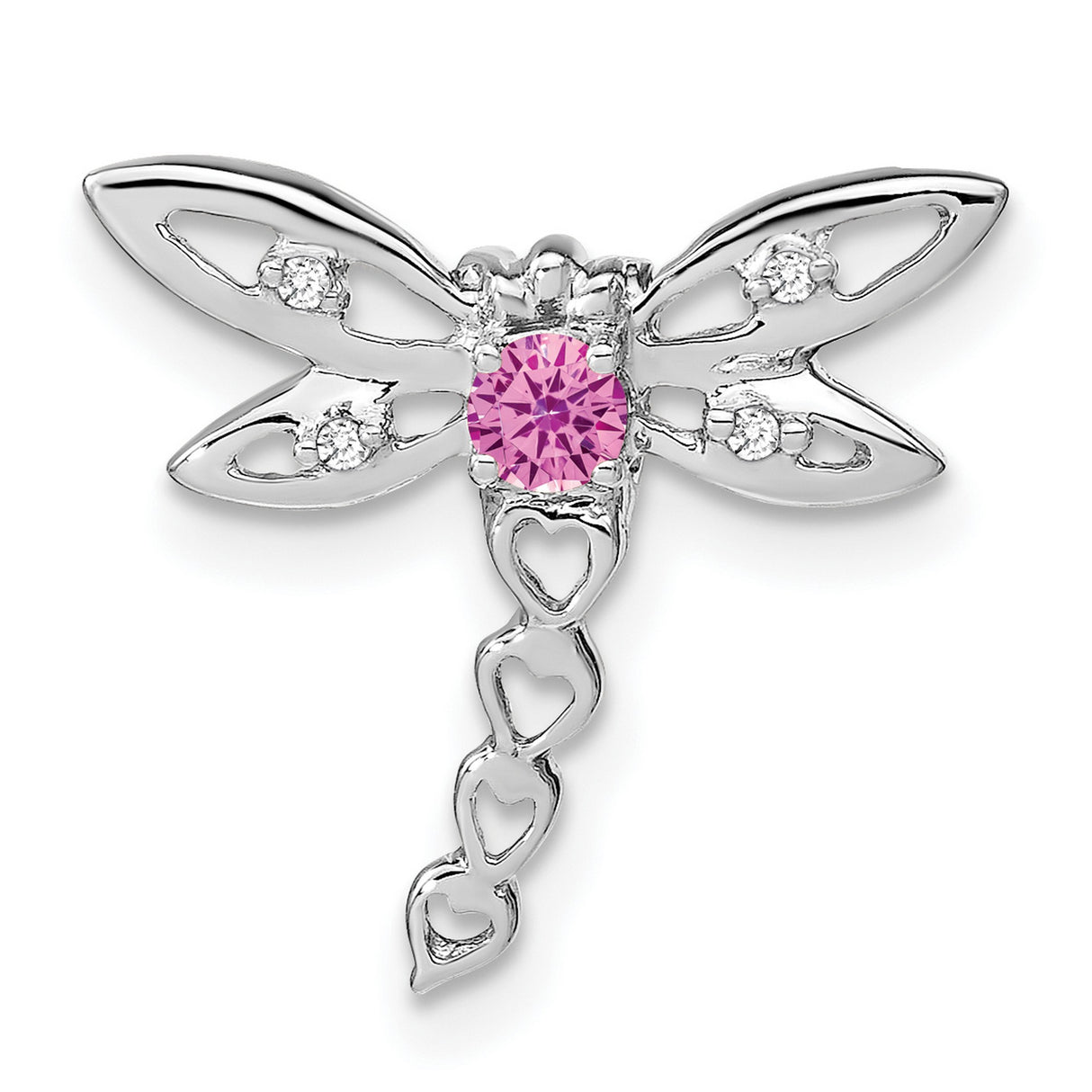 14k White Gold Dragonfly Pendant with Pink Lab Created Sapphire and Diamond Accents