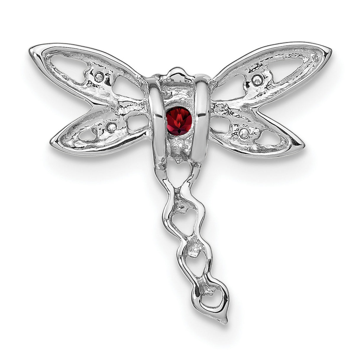 14k White Gold Dragonfly Pendant with Garnet Center and Diamond Accents, Open Heart Design