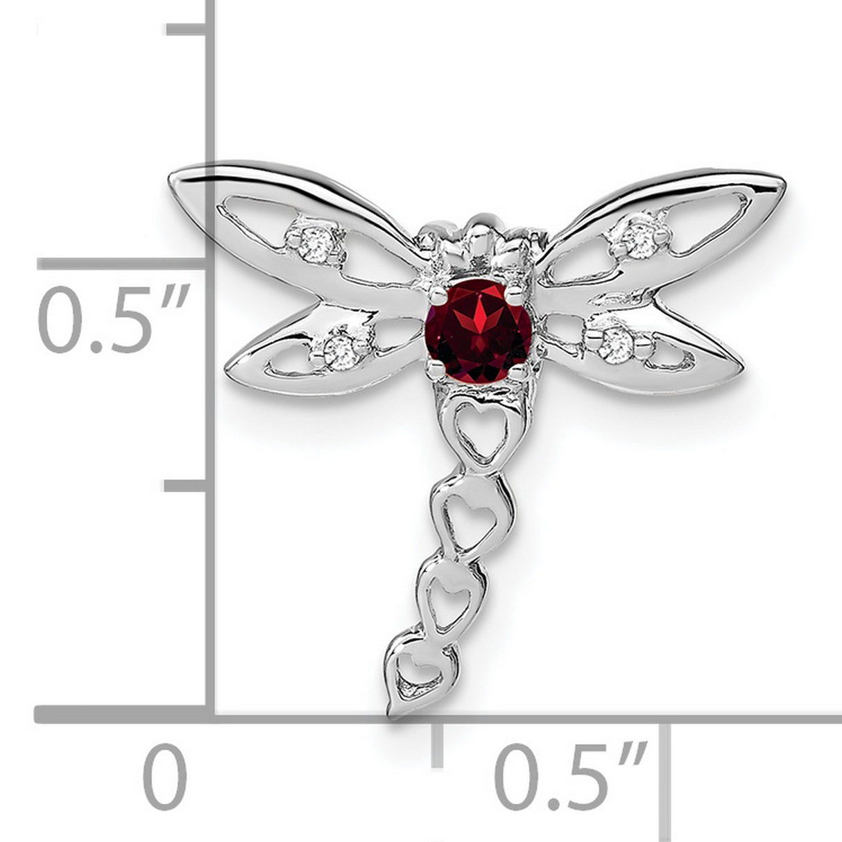 14k White Gold Dragonfly Pendant with Garnet Center and Diamond Accents, Open Heart Design