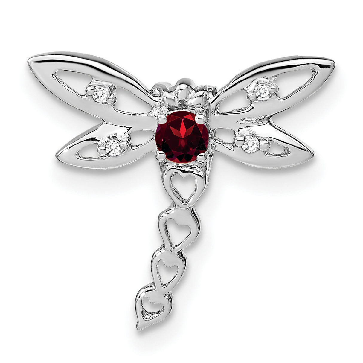 14k White Gold Dragonfly Pendant with Garnet Center and Diamond Accents, Open Heart Design