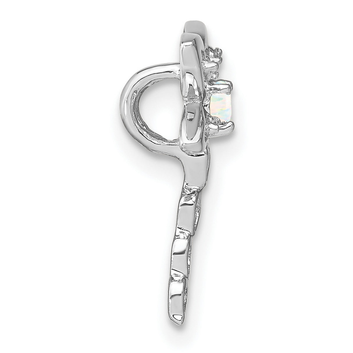 14k White Gold Dragonfly Pendant with White Opal and Diamond Accents, Heart Tail Design