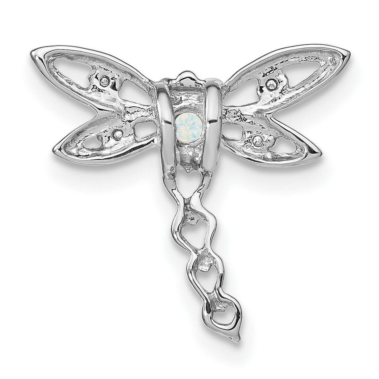 14k White Gold Dragonfly Pendant with White Opal and Diamond Accents, Heart Tail Design