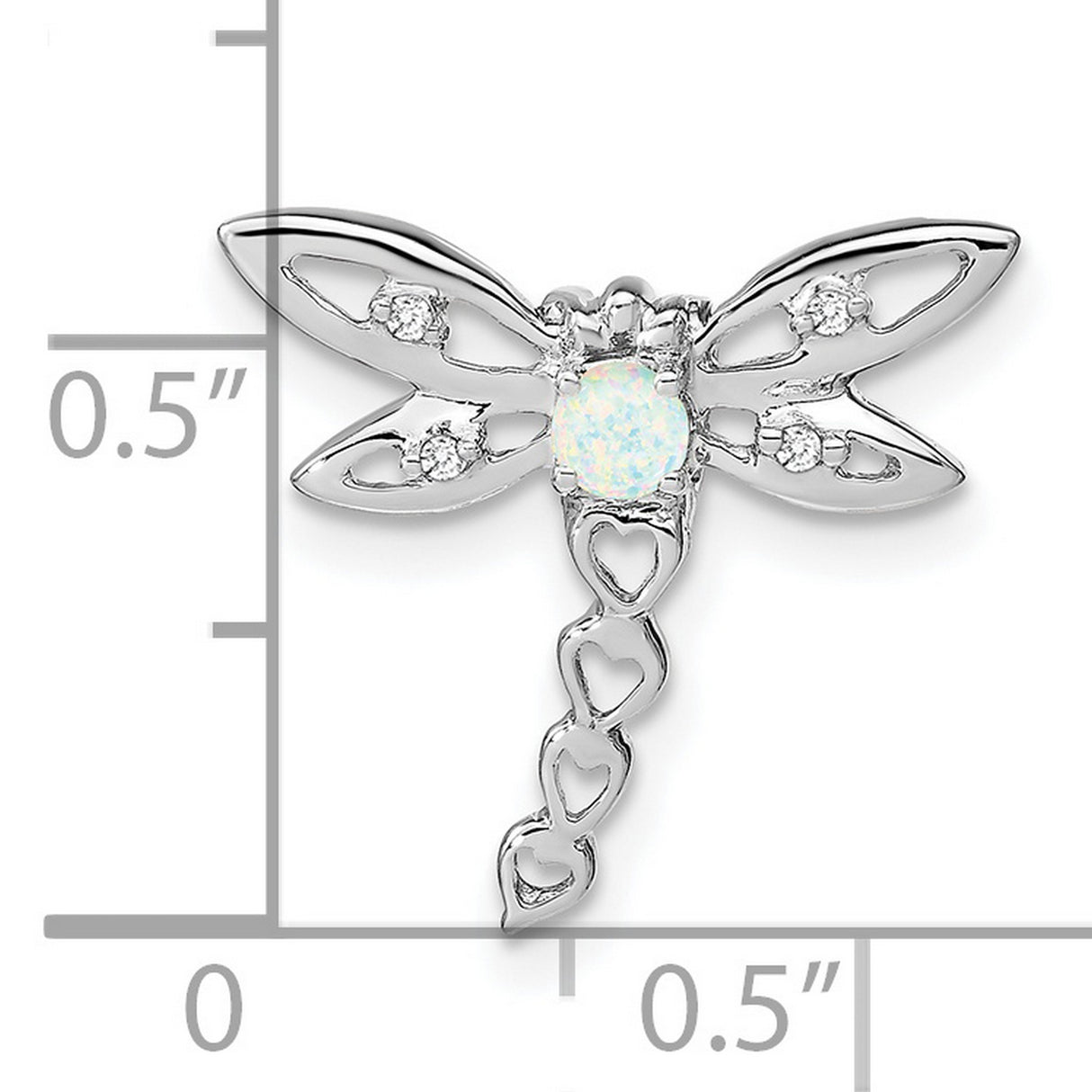14k White Gold Dragonfly Pendant with White Opal and Diamond Accents, Heart Tail Design