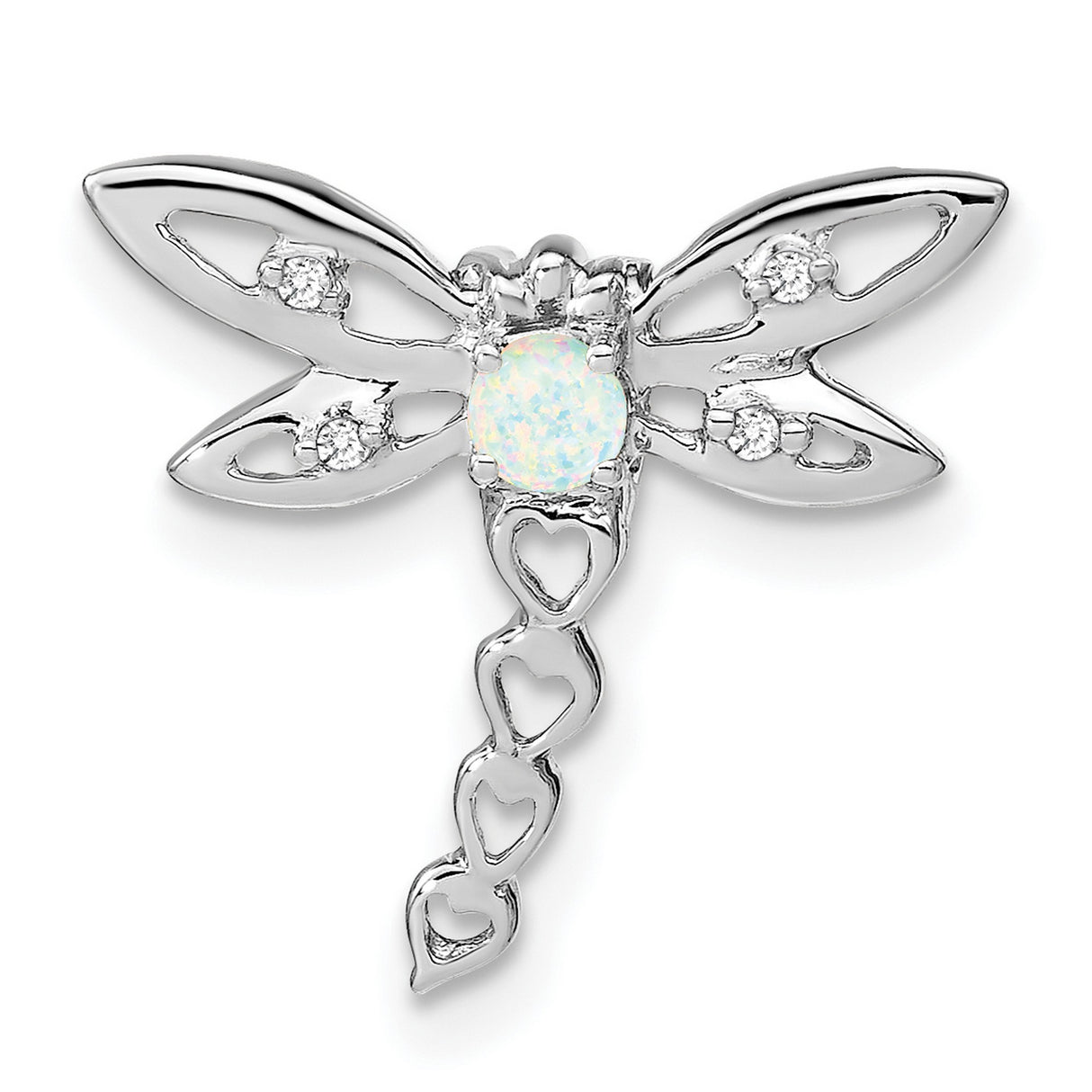 14k White Gold Dragonfly Pendant with White Opal and Diamond Accents, Heart Tail Design