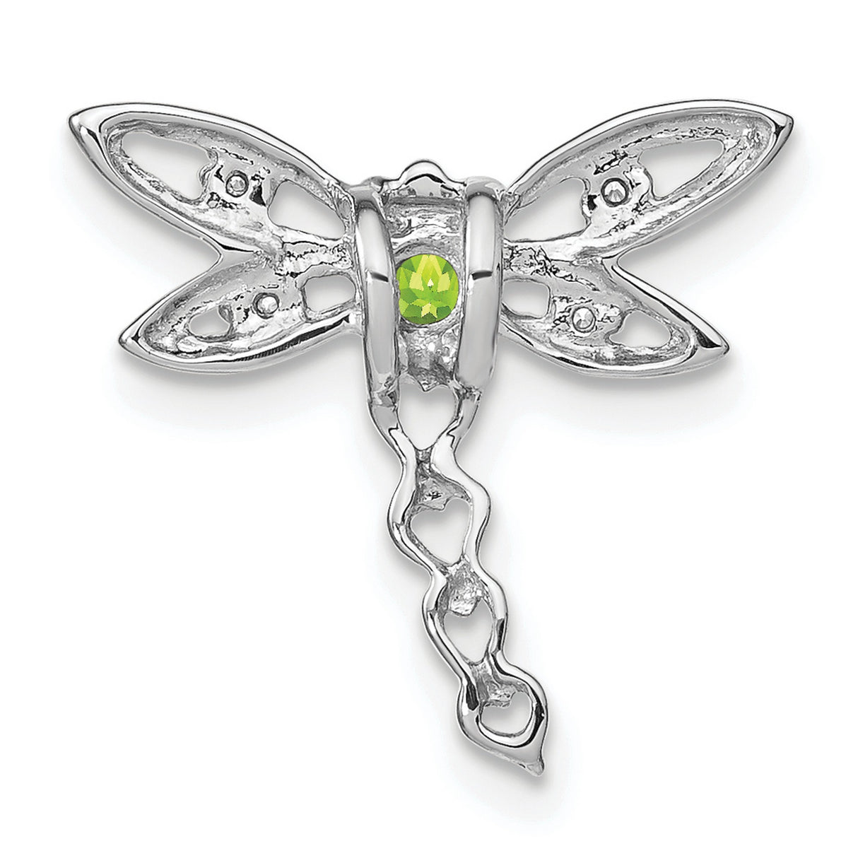14k White Gold Dragonfly Pendant with Peridot and Diamond Accents, Heart Tail Design