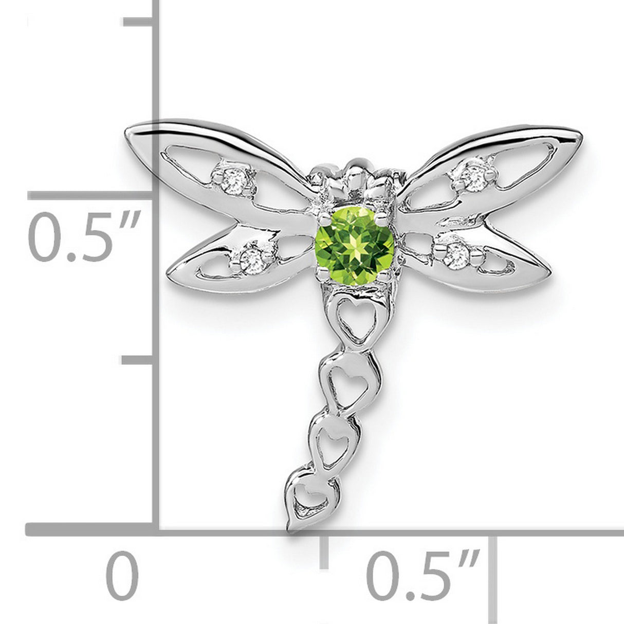 14k White Gold Dragonfly Pendant with Peridot and Diamond Accents, Heart Tail Design