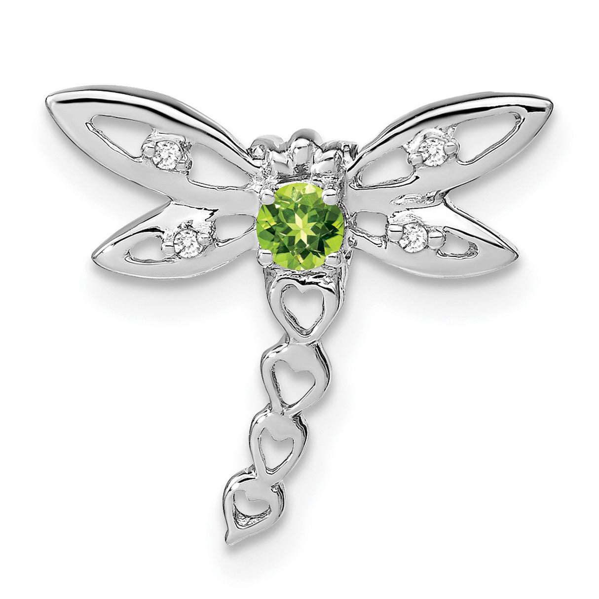14k White Gold Dragonfly Pendant with Peridot and Diamond Accents, Heart Tail Design