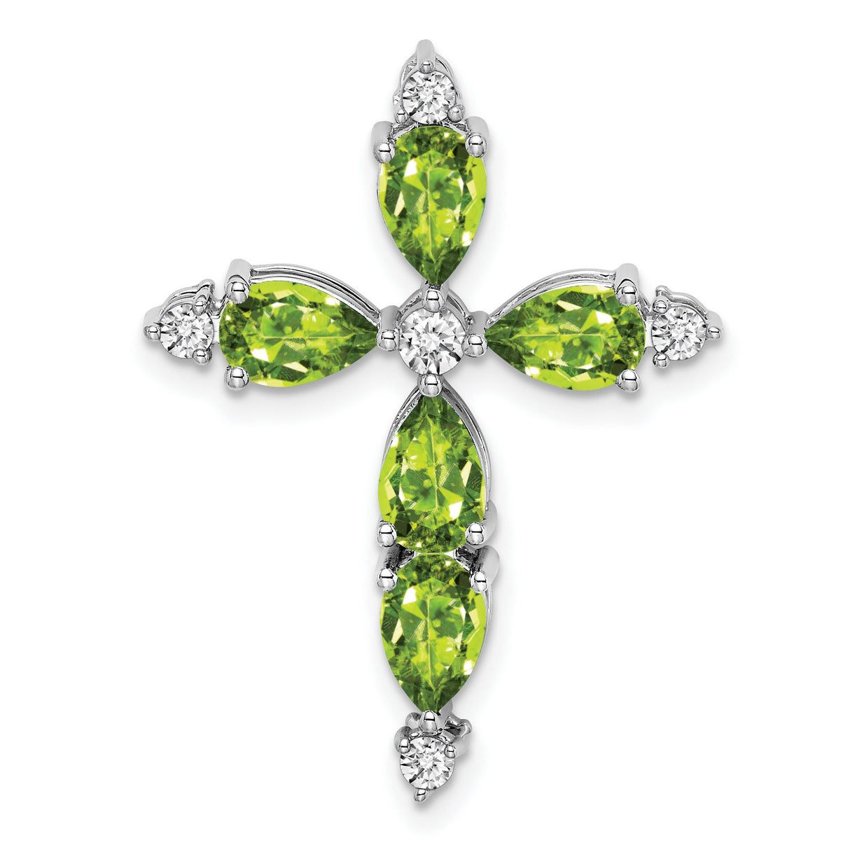 14k White Gold Cross Pendant with Peridot and Diamond Accent, Spiritual Teardrop Design