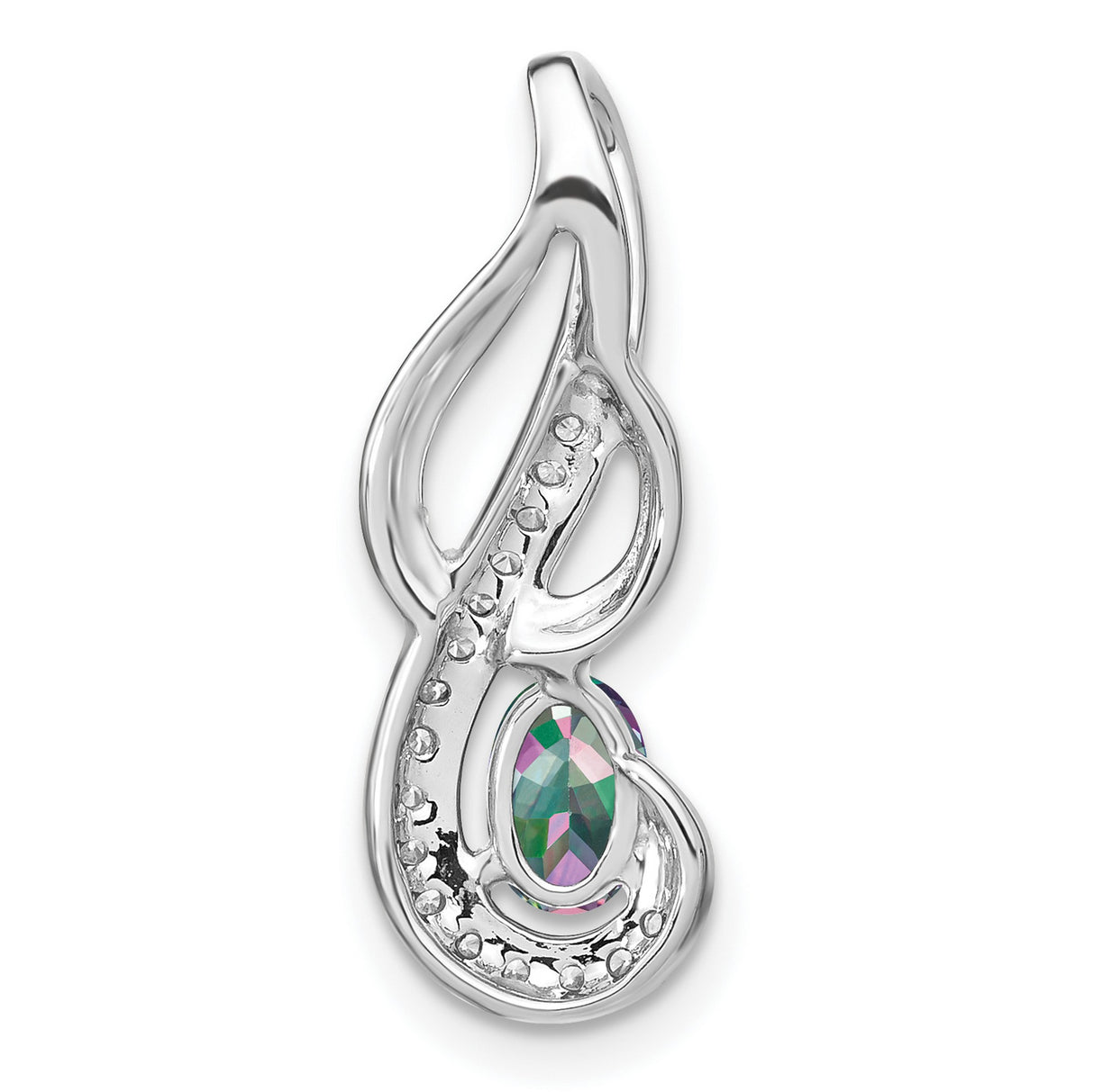14k White Gold Pendant with Oval Mystic Fire Topaz, Diamonds Accents, Swirl Infinity Design