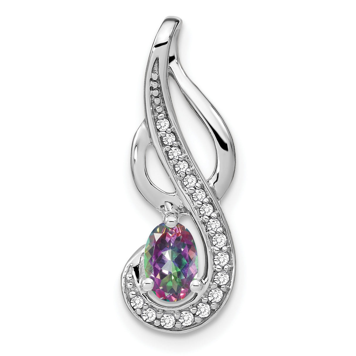 14k White Gold Pendant with Oval Mystic Fire Topaz, Cubic Zirconia Accents, Swirl Infinity Design