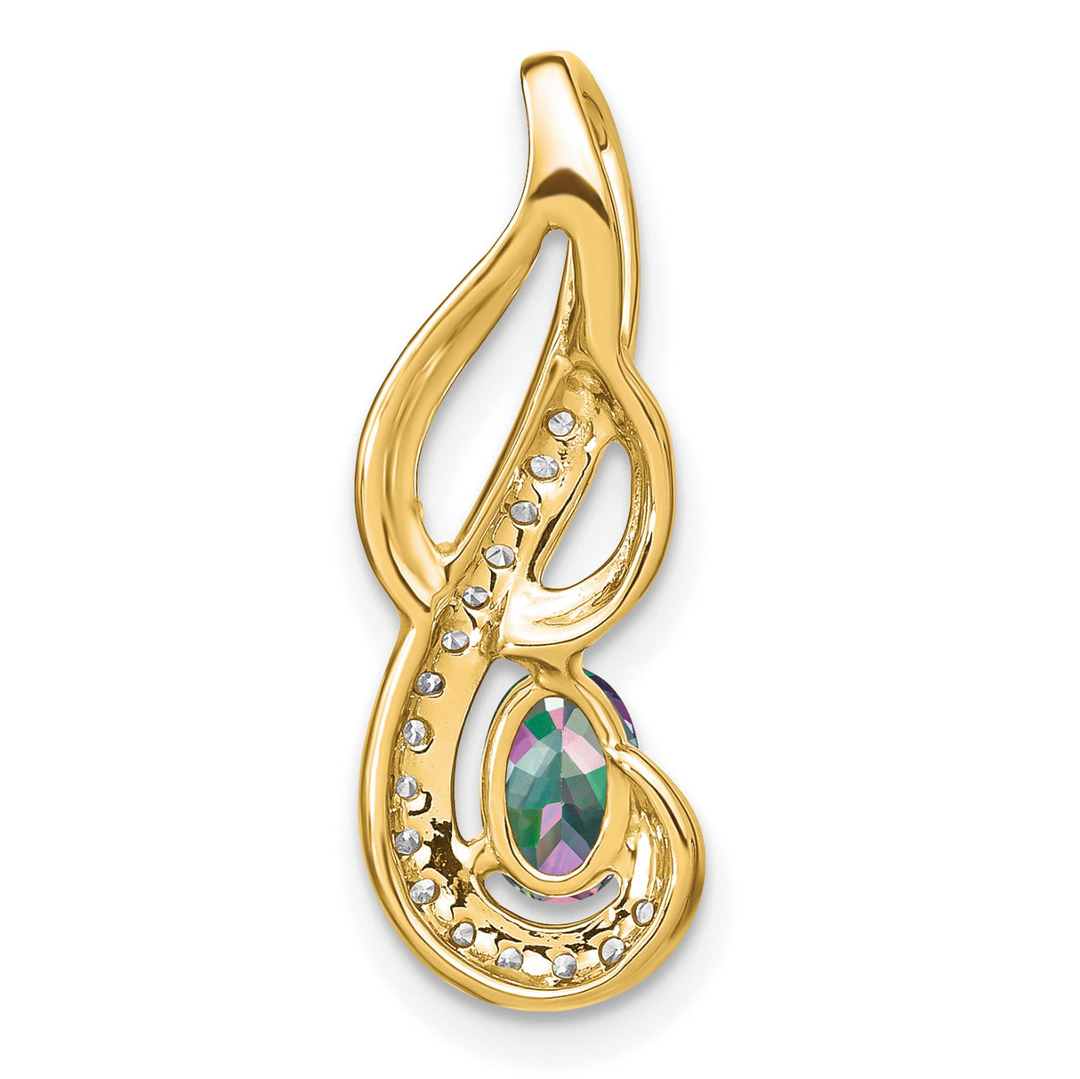 14k Yellow Gold Pendant with Mystic Fire Topaz, Marquise Gemstone, Swirl Design, Diamond Accents