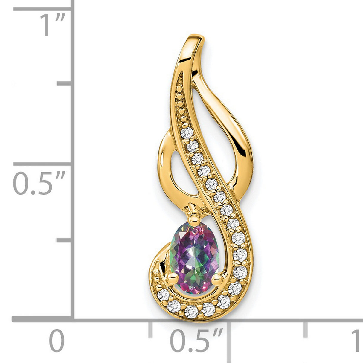14k Yellow Gold Pendant with Mystic Fire Topaz, Marquise Gemstone, Swirl Design, Diamond Accents