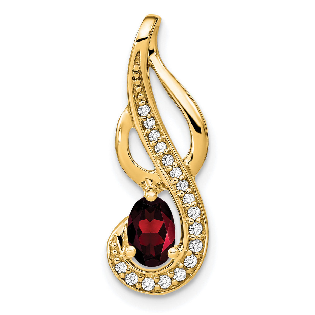 14k Yellow Gold Pendant with Oval Garnet, Abstract Swirl Design and Cubic Zirconia Accents